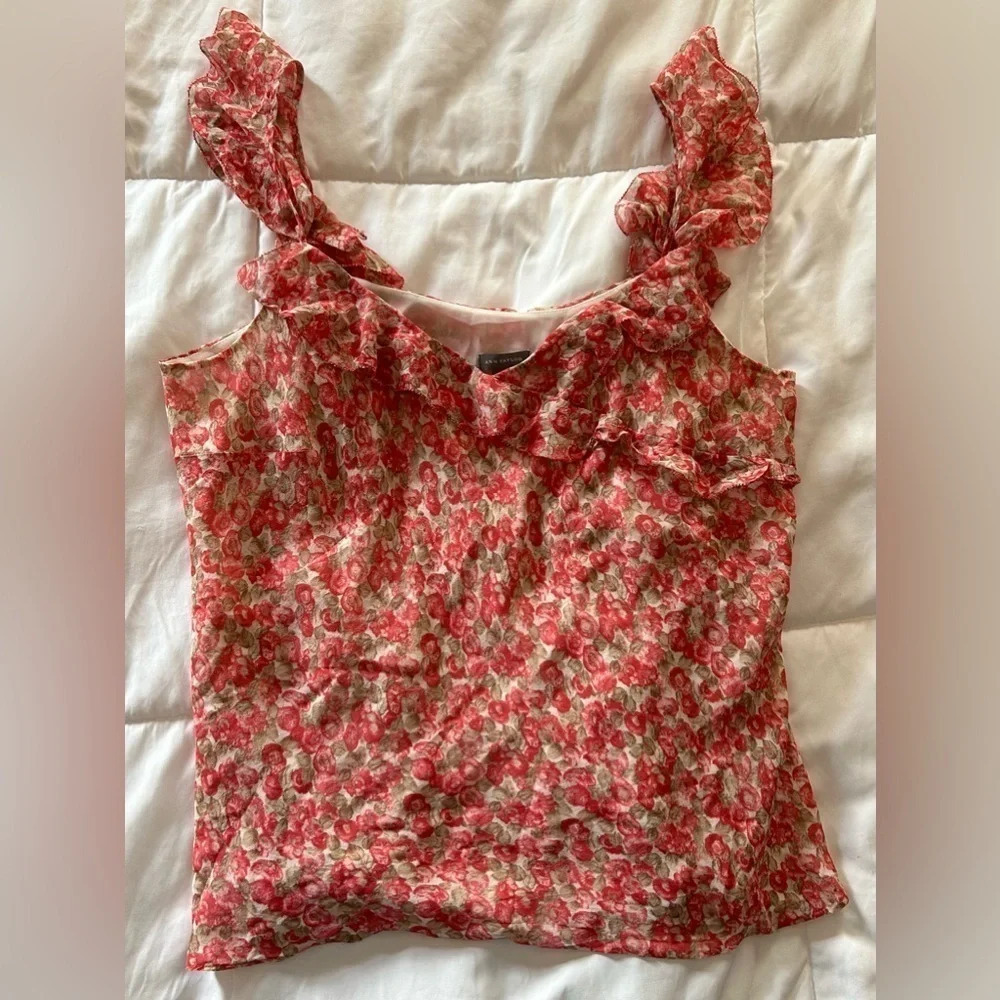 Ann Taylor Silk Floral Flutter Ruffle Tank Top